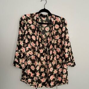 Floral Tie-Front Blouse - Black with Pink Rose Print
